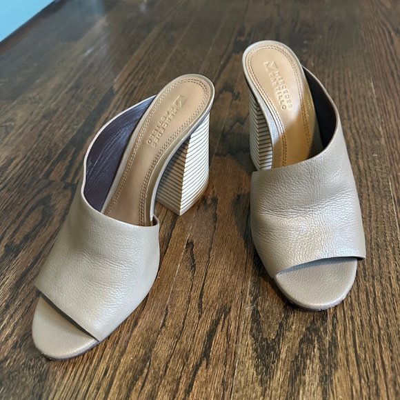 Mercedes Castillo Izar High Asymmetrical Leather Mule Heels Size 8/38 - Picture 1 of 5